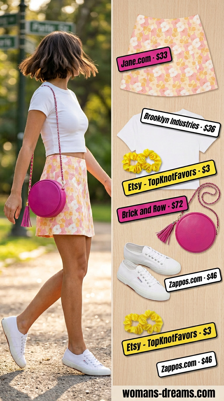 Sporty summer outfits with sneakers 2026: Pink floral skirt, white crop top, sneakers, and round bag for a park picnic.