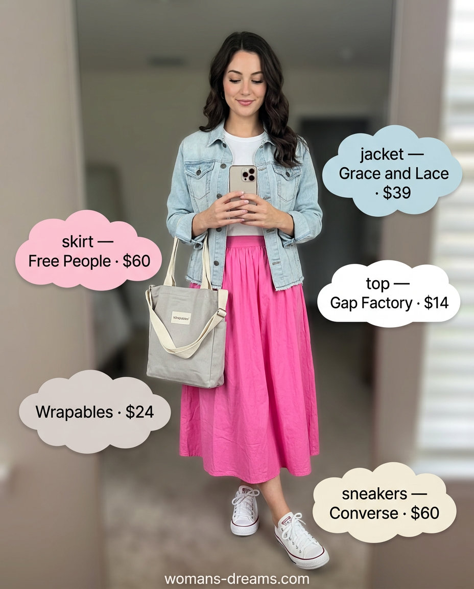 Sporty summer outfits with sneakers 2026: Pink skirt, white tee, denim jacket, and white sneakers for a park picnic.