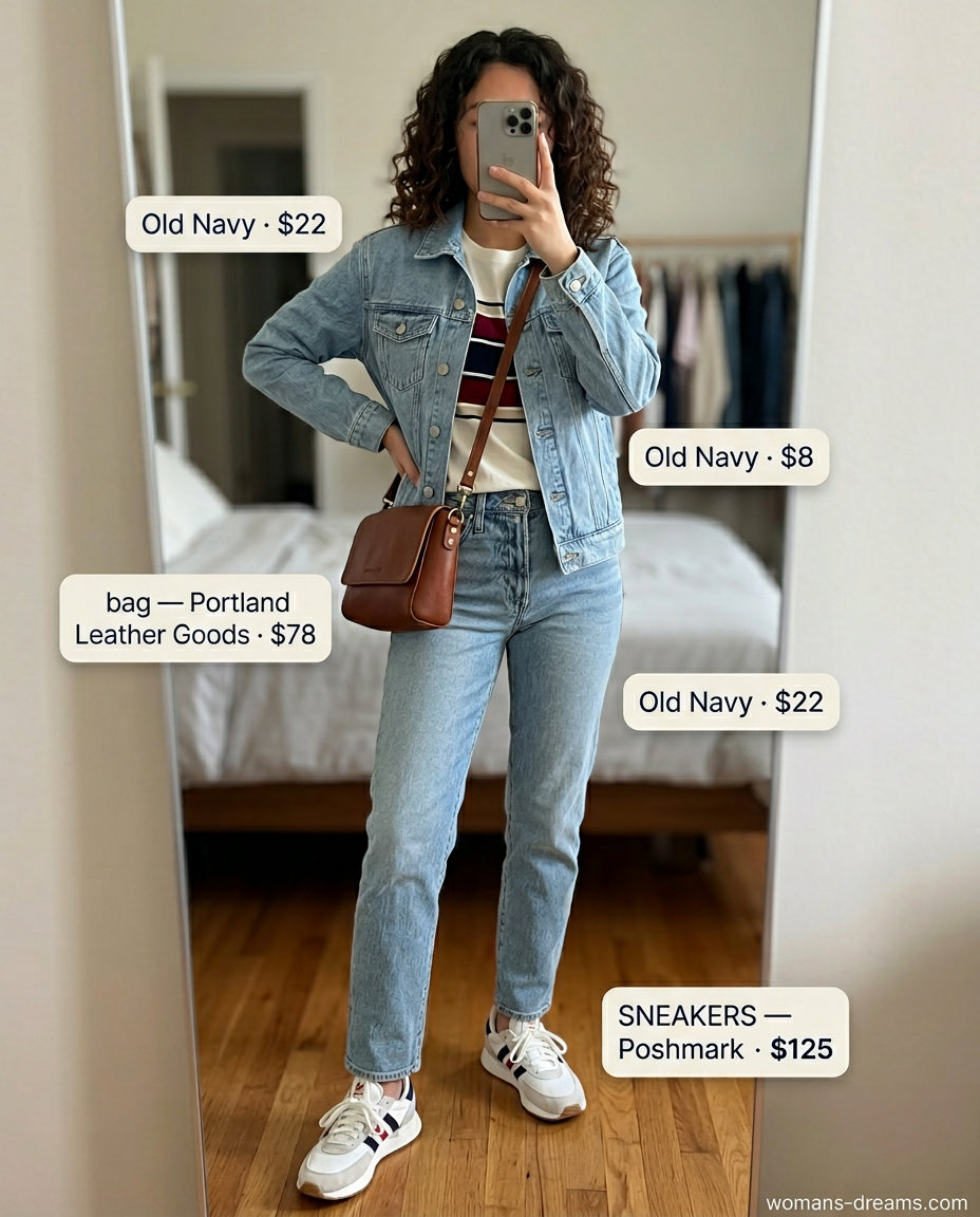 Sporty summer outfits with sneakers 2026: Denim jacket, striped tee, jeans, and retro sneakers for a cool weekend look.