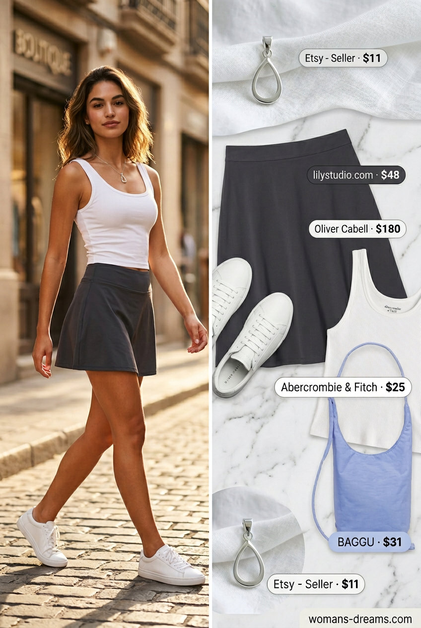 Sporty summer outfits with sneakers 2026: Grey performance skirt, white tank, and sneakers for a chic day out.