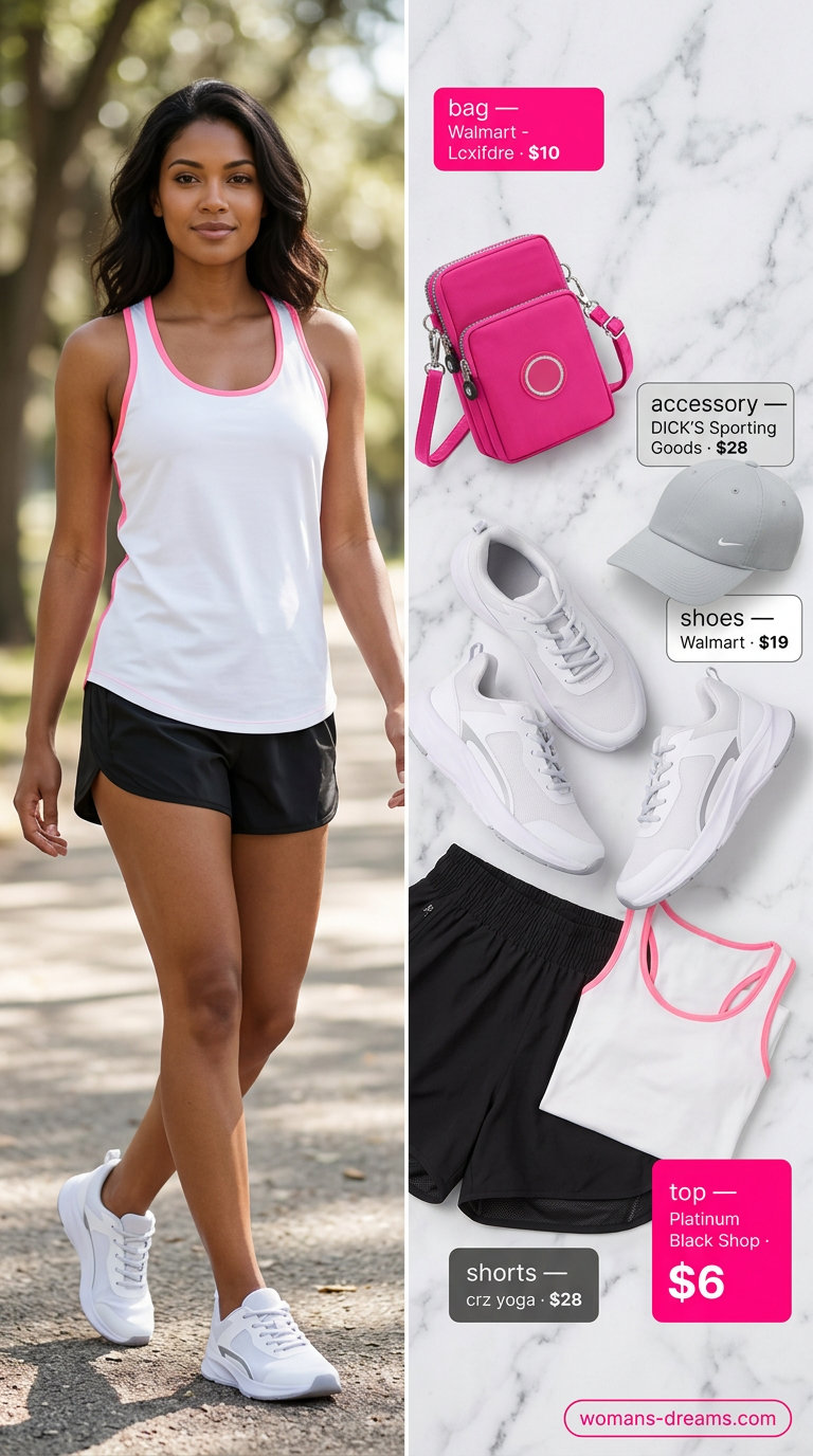 Sporty summer outfits with sneakers 2026: Black shorts, neon tank, cap, and sneakers for active urban exploration.