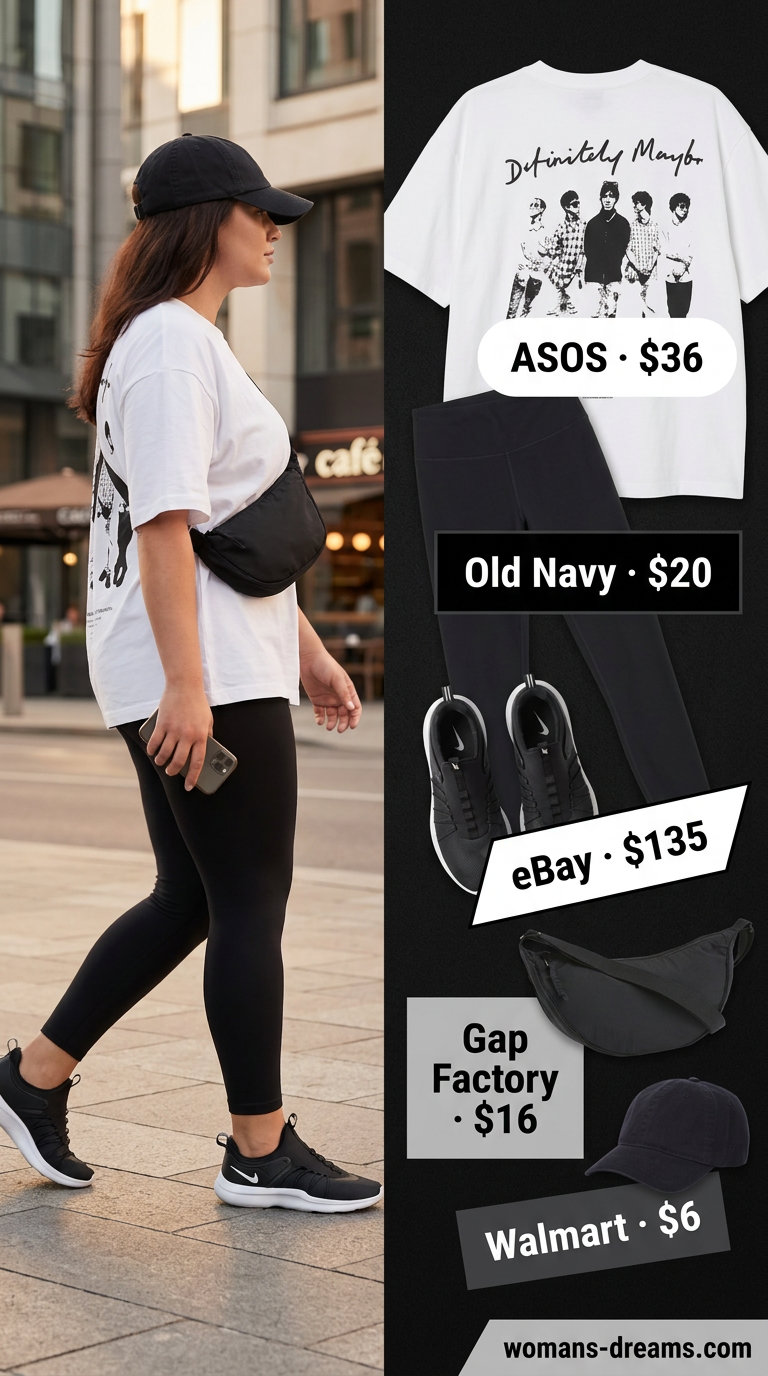 Sporty summer outfits with sneakers 2026: Black leggings, graphic tee, baseball cap, and sneakers for a casual day out.