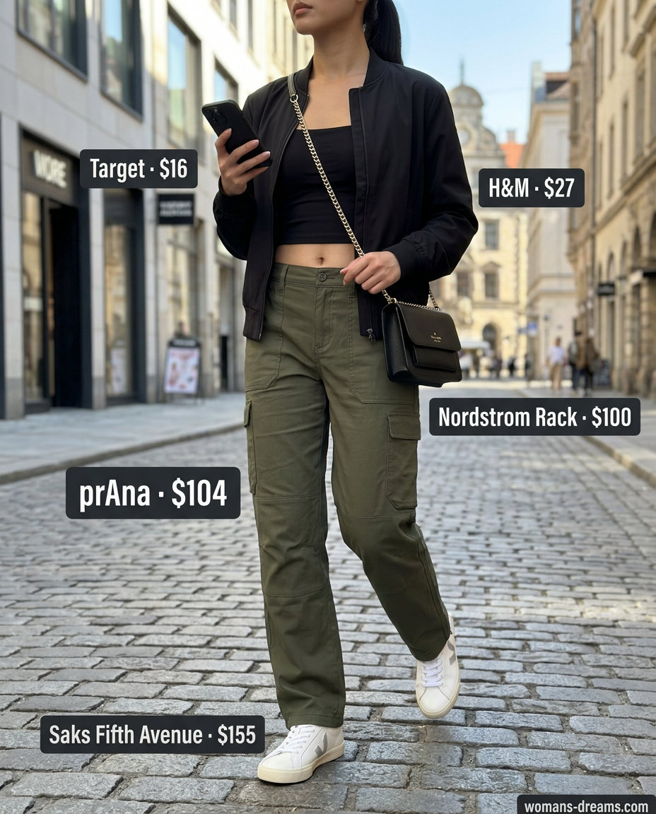 Sporty summer outfits with sneakers 2026: Olive cargo pants, black tank, bomber jacket, and white sneakers for city exploration.