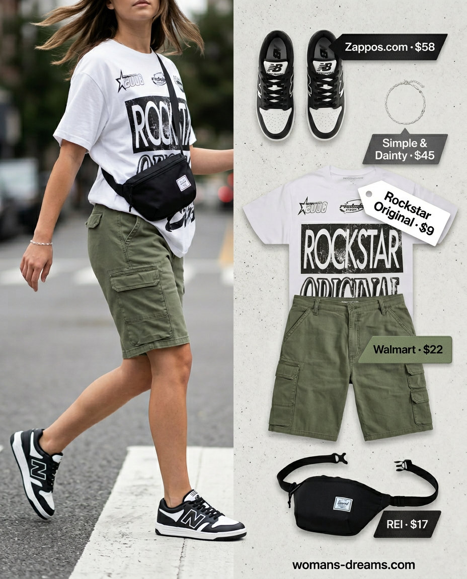 Sporty summer outfits with sneakers 2026: Khaki cargo shorts, graphic tee, sneakers, and belt bag for a weekend getaway.