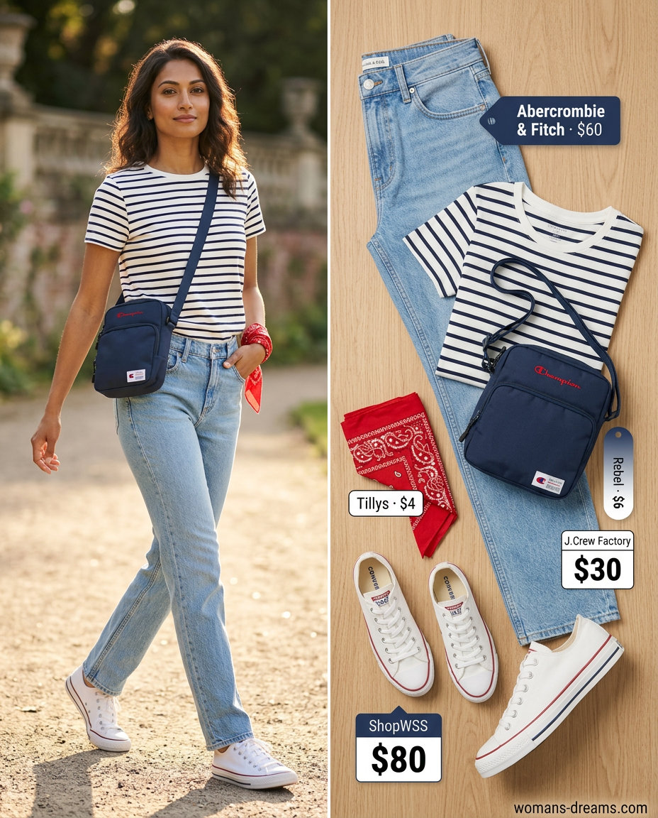 Sporty summer outfits with sneakers 2026: Blue jeans, striped tee, red bandana, and white sneakers for casual weekend.