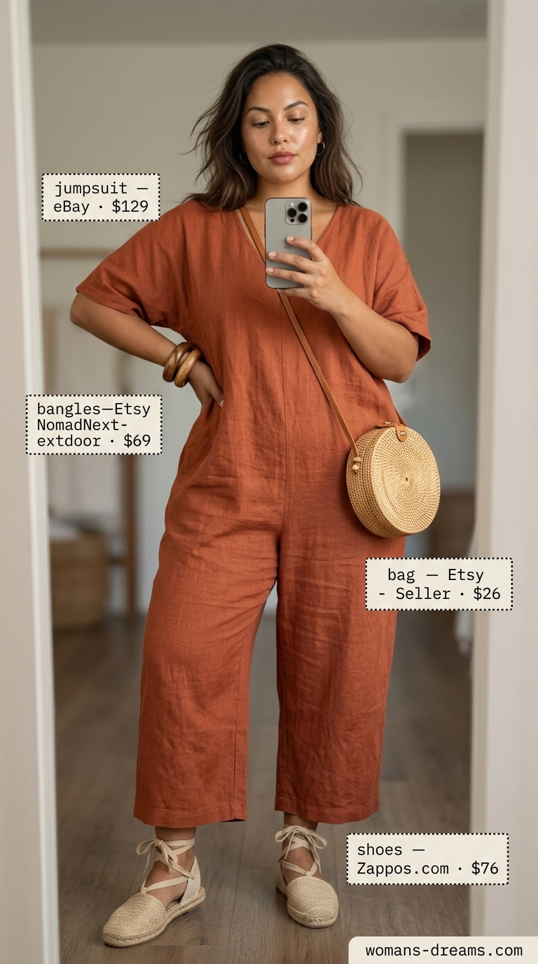 Terracotta strapless linen jumpsuit for women 2026, perfect for farmers markets or casual day outs.