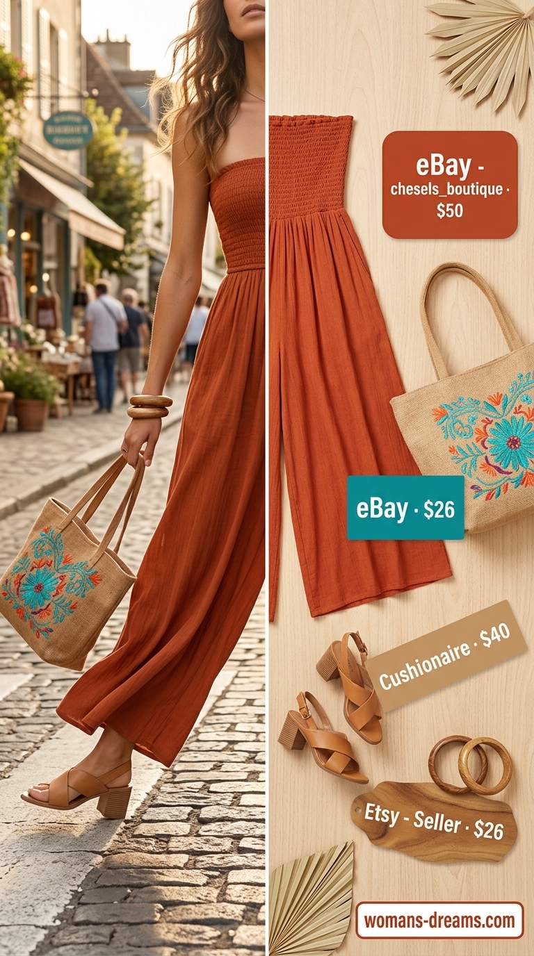 Rust orange strapless linen jumpsuit with turquoise earrings and wooden bangles for festivals.