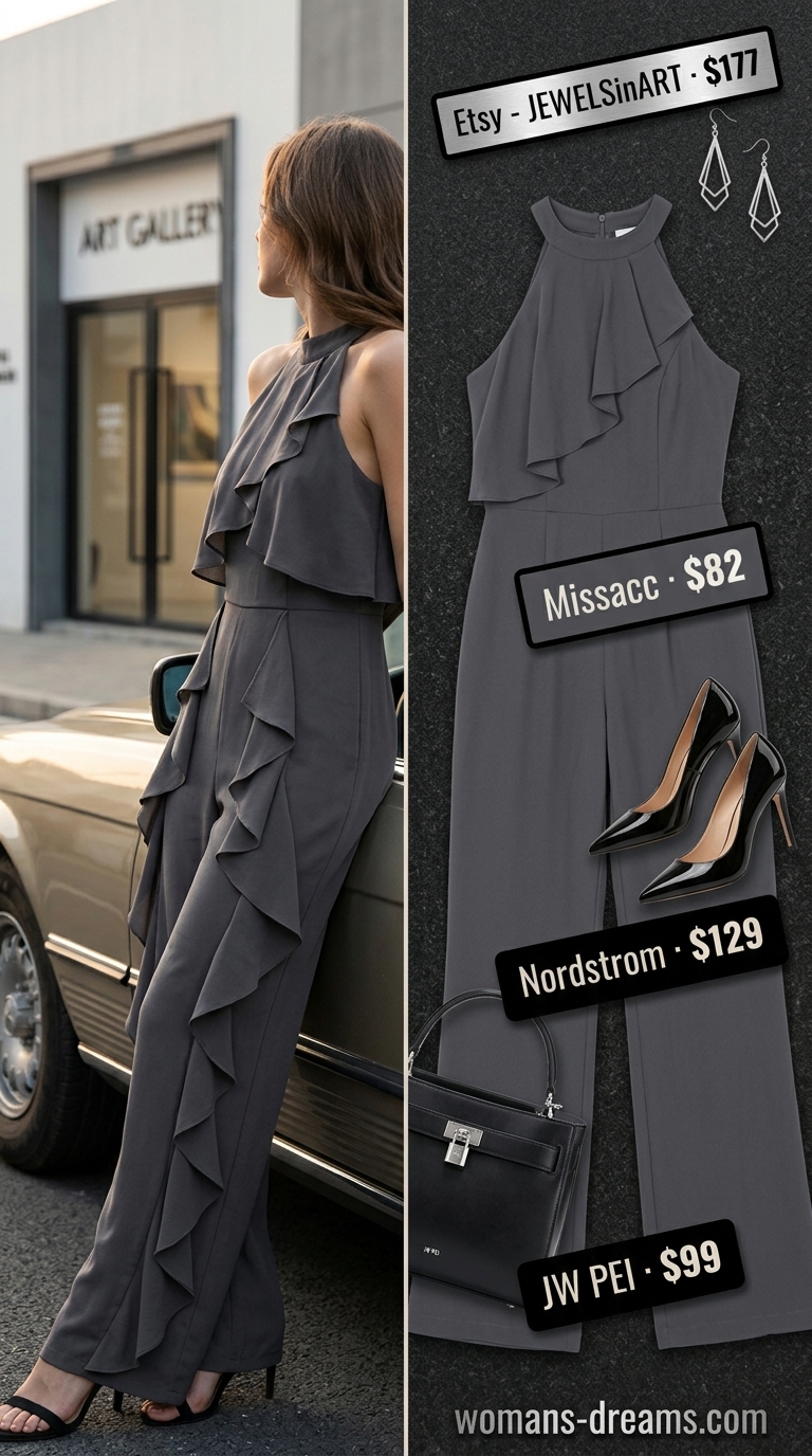 Sophisticated charcoal grey strapless linen jumpsuit for women 2026, perfect for evening dates or gallery openings.