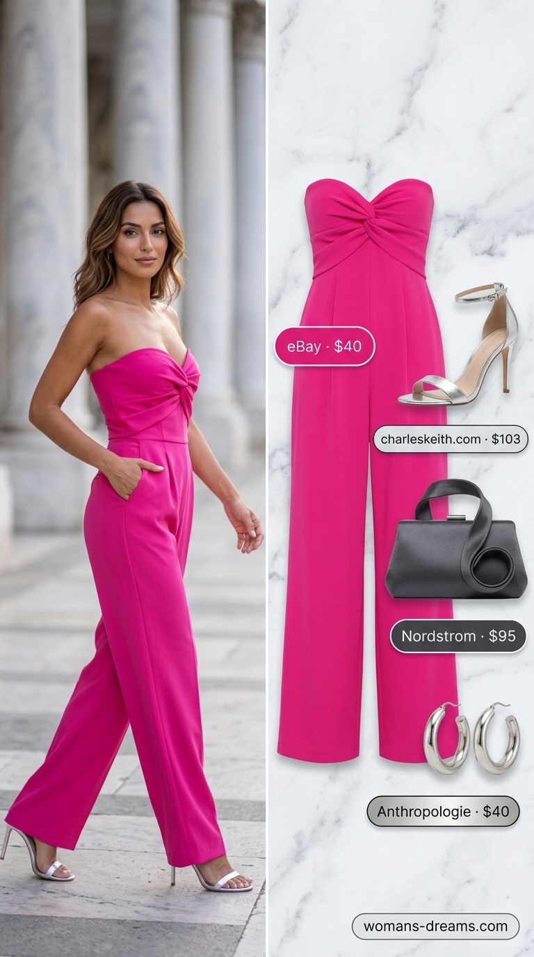 Hot pink strapless linen jumpsuit with palazzo legs, silver earrings, and black clutch for a cocktail party.