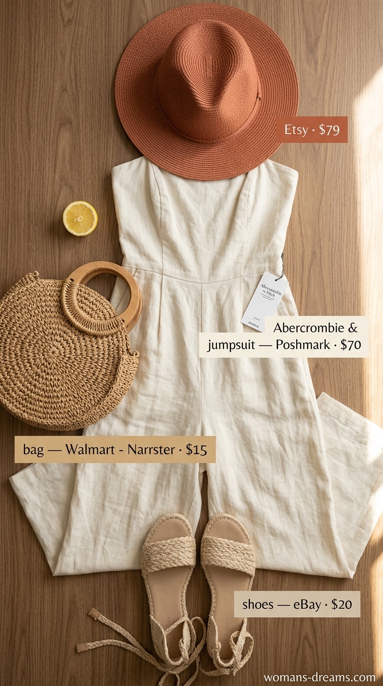 Relaxed cream strapless linen jumpsuit for women 2026, ideal for farmers markets and casual summer days.