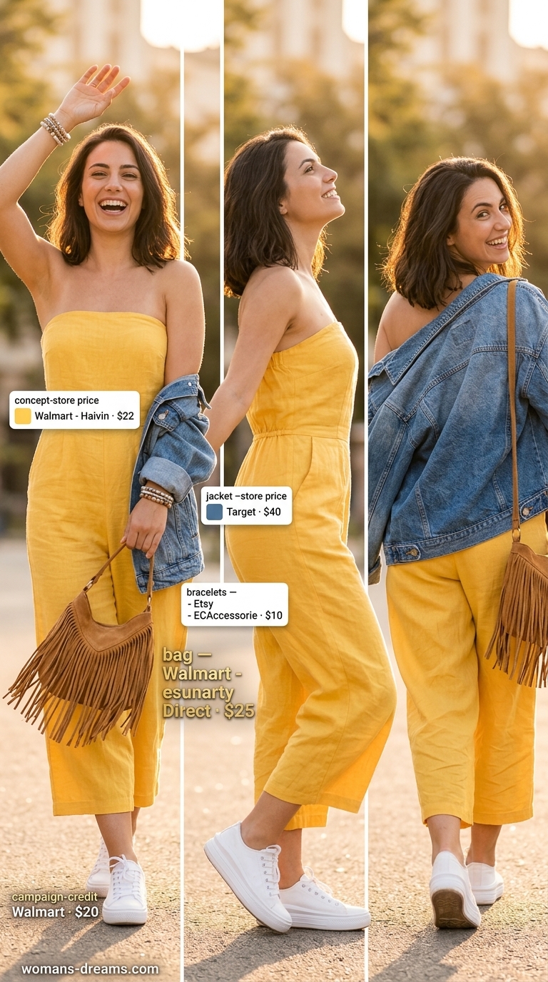 Sunny yellow strapless linen jumpsuit for women 2026, great for music festivals or casual summer gatherings.