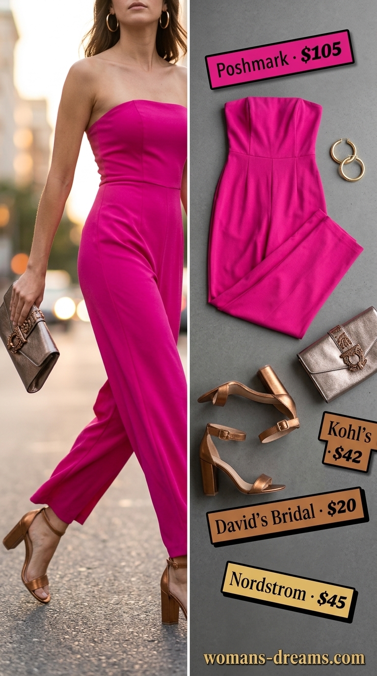 Vibrant fuchsia strapless linen jumpsuit with gold hoops and metallic bronze clutch for summer parties.