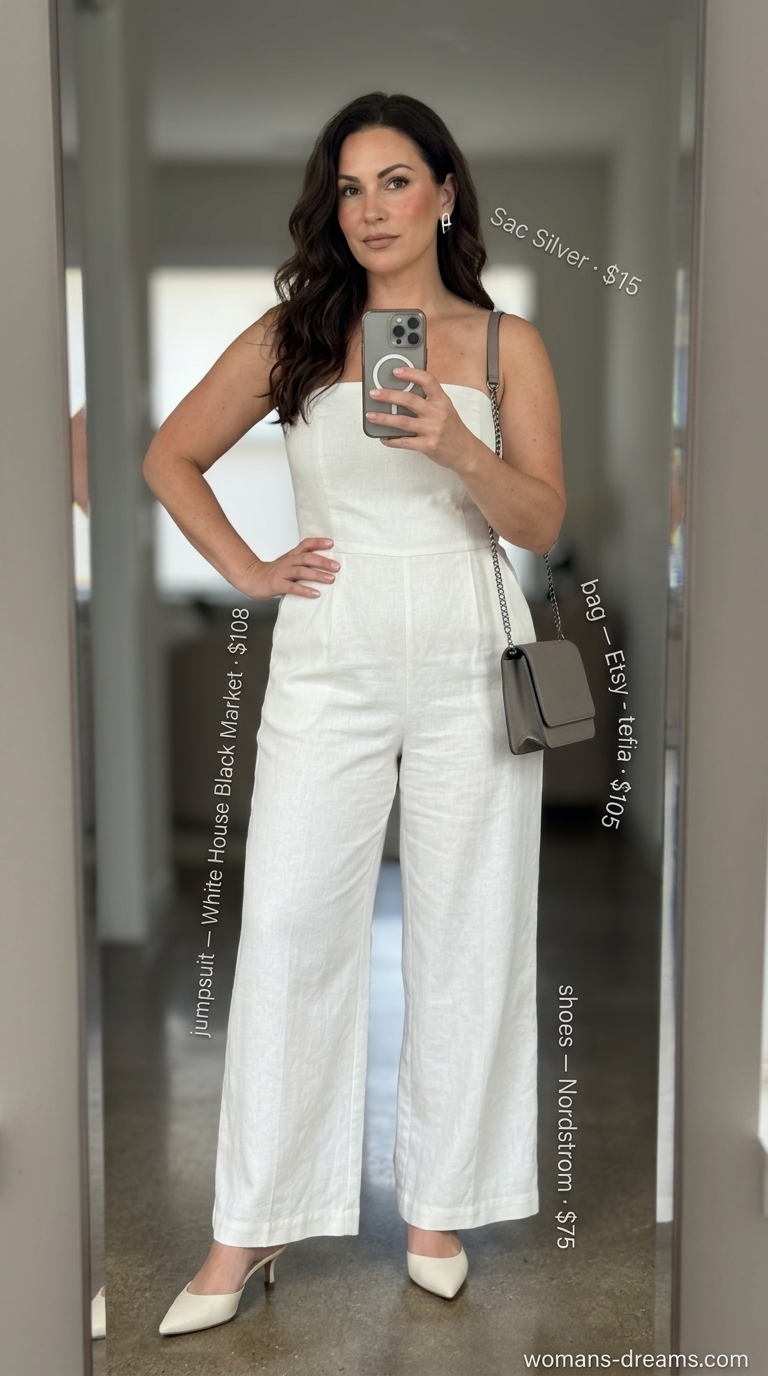Polished white strapless linen jumpsuit for women 2026, perfect for art gallery openings and sophisticated lunches.