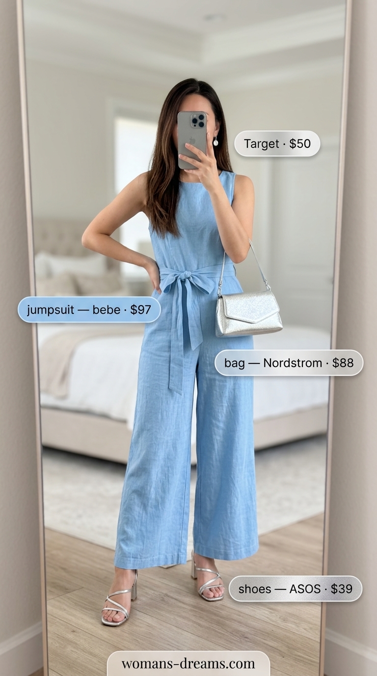 Elegant sky blue strapless linen palazzo jumpsuit for women 2026, perfect for summer evening parties and outdoor weddings.