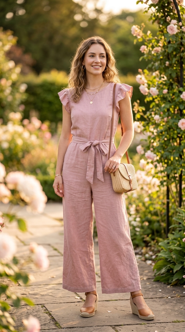Feminine lavender strapless linen jumpsuit for women 2026, perfect for garden parties and summer picnics.