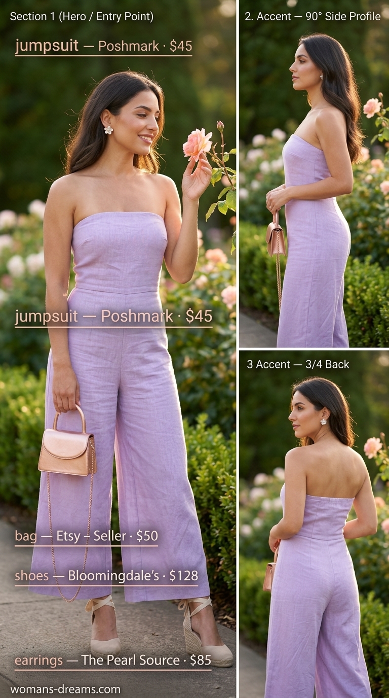 Soft lavender strapless linen jumpsuit with floral earrings and straw crossbody for garden parties.