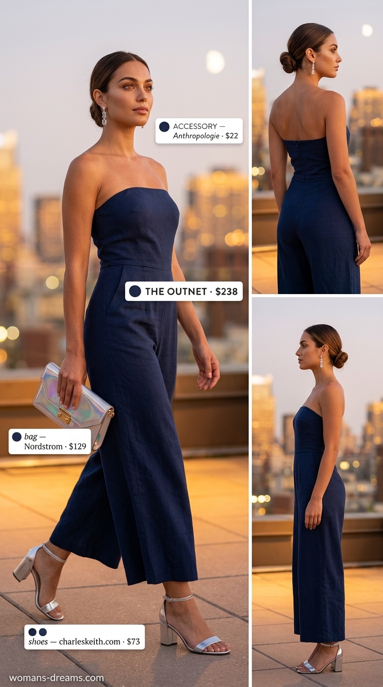 Navy strapless linen jumpsuit for women 2026, perfect for formal dinners or cocktail events.
