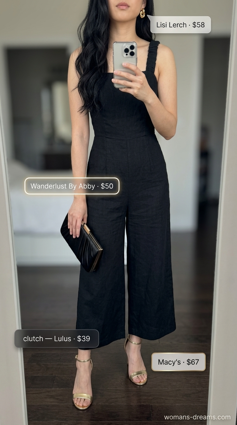 Alluring black strapless linen culotte jumpsuit for women 2026, perfect for date nights and evening cocktails.