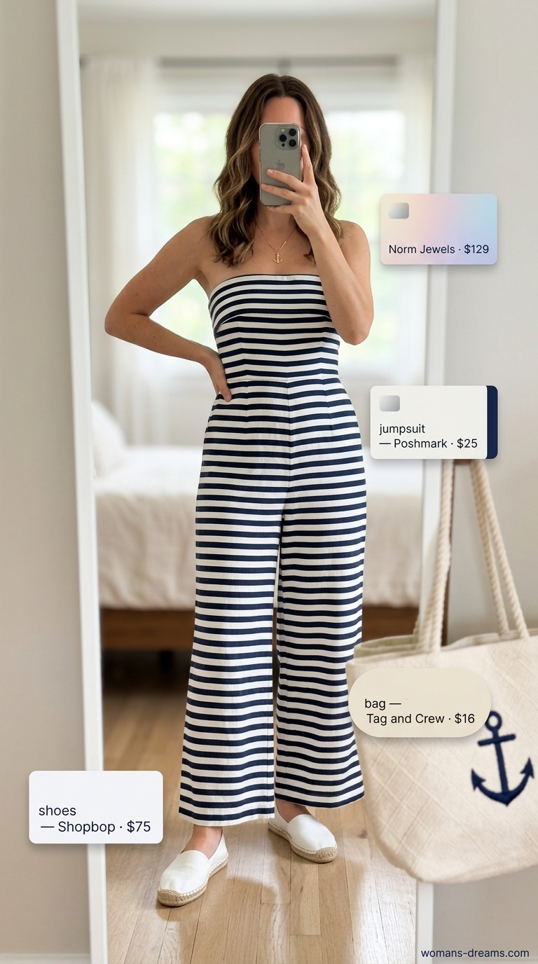 Navy and white stripe strapless linen jumpsuit with red tote and espadrille sneakers for brunch.