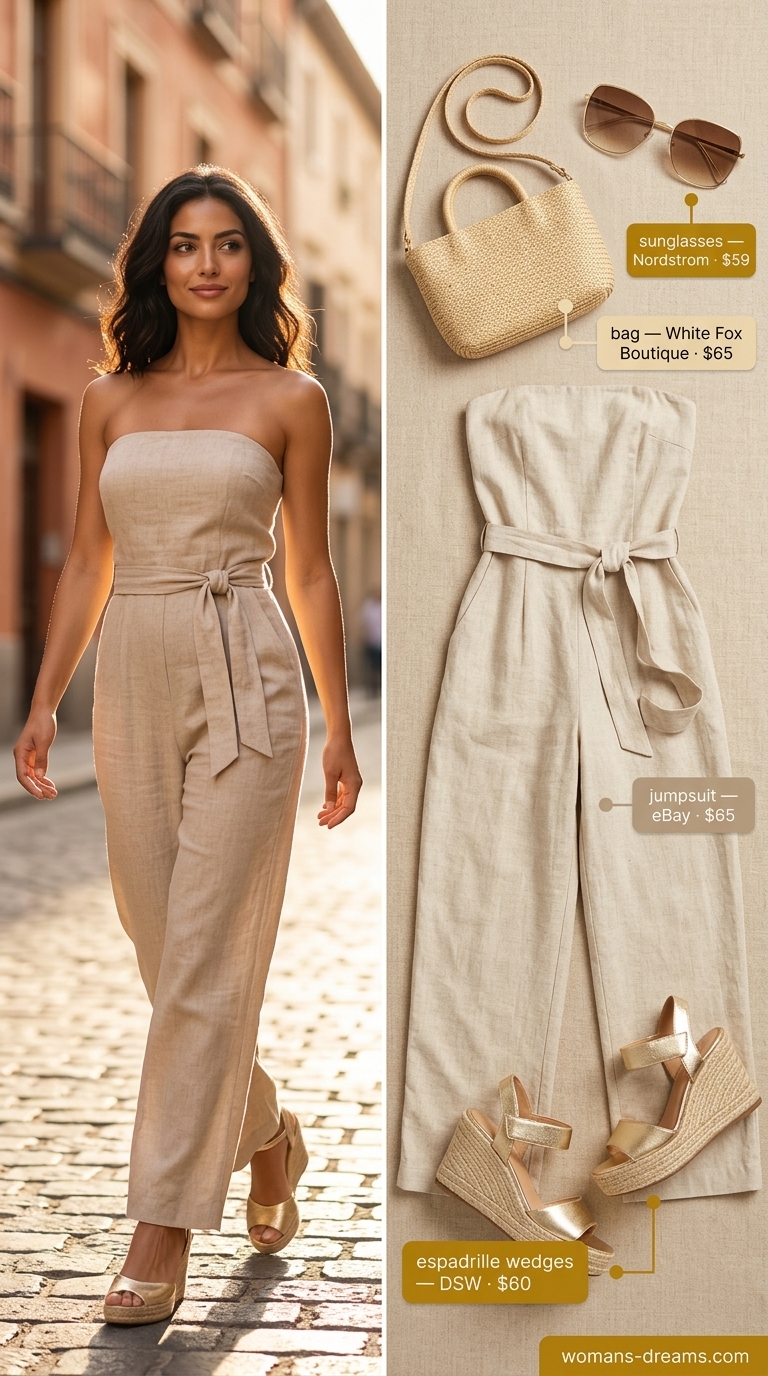Natural beige strapless linen jumpsuit for women 2026, ideal for resort lunch or summer brunch. Refined coastal elegance.