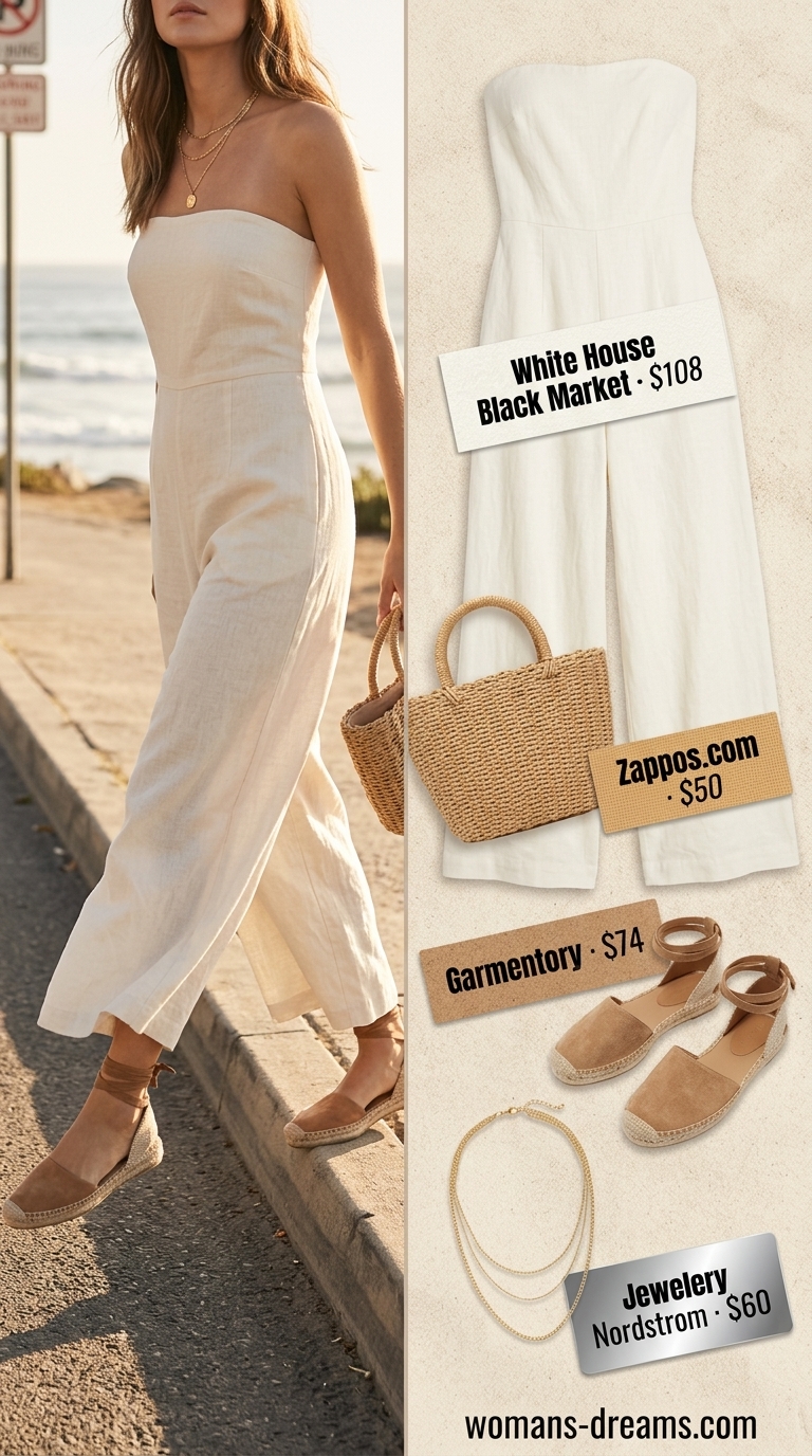 Off-white strapless linen jumpsuit with espadrilles and straw crossbody for beach vacations.