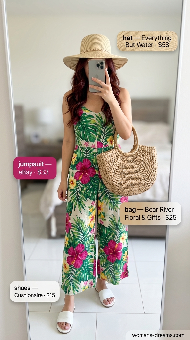 Vibrant tropical floral strapless linen jumpsuit for women 2026, perfect for resort vacations and tropical getaways.