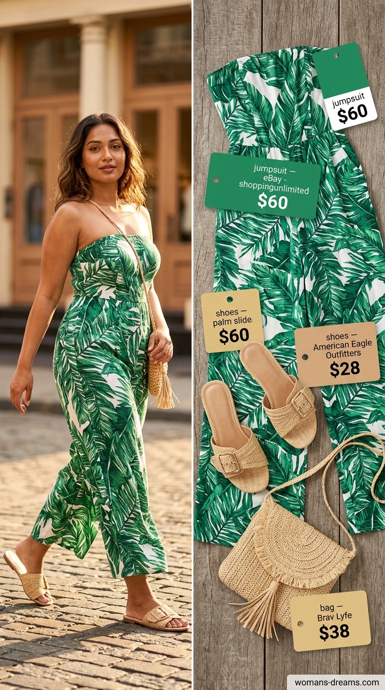 Tropical green strapless linen jumpsuit for women 2026, perfect for resort dinners or beach vacation evenings.