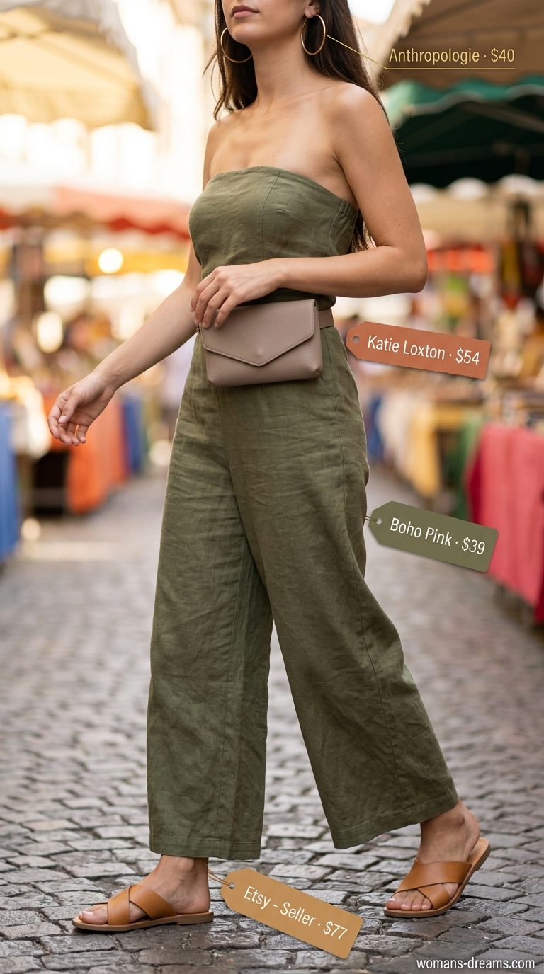 Olive green strapless linen jumpsuit for women 2026, perfect for city exploration or weekend markets.