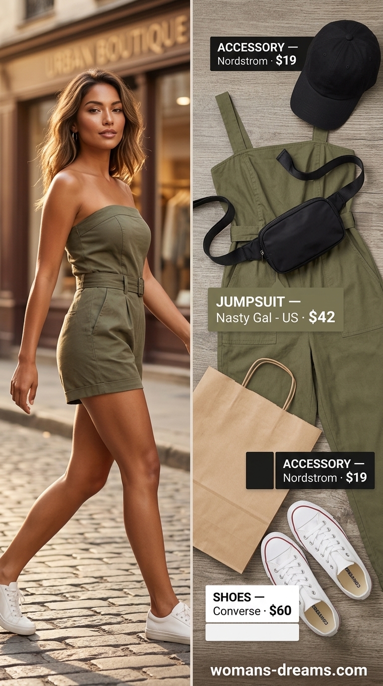 Olive green strapless linen jumpsuit for women 2026, ideal for city sightseeing or casual day outs.