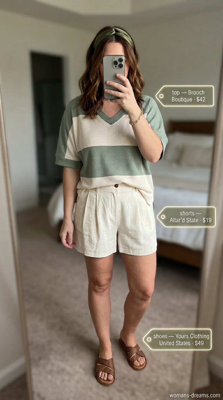 Bohemian beach outfit: sage green & cream striped t-shirt, linen shorts, woven bucket bag, and flat sandals.
