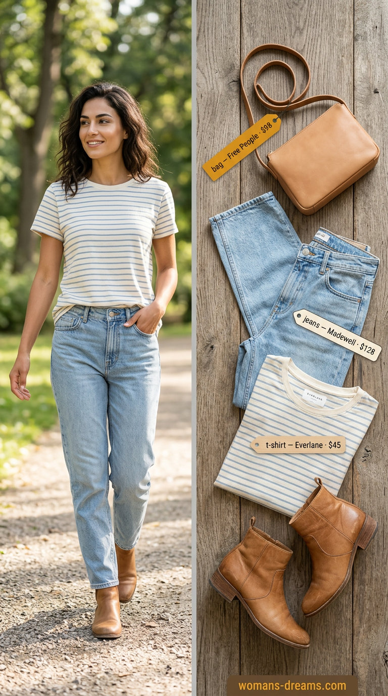 Bohemian festival outfit with olive green & cream striped t-shirt, rust maxi skirt, straw tote, and espadrilles.