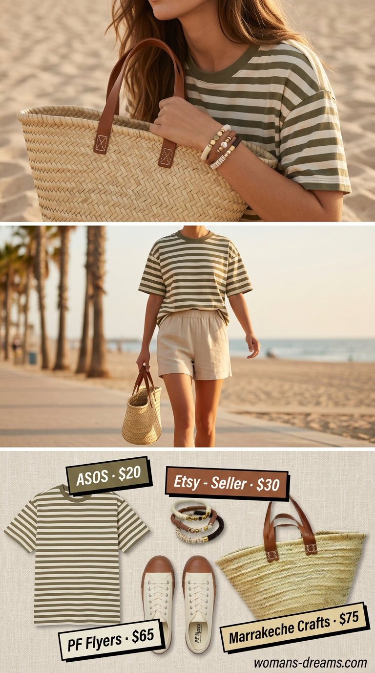 Coastal escape outfit: olive green & cream striped t-shirt, linen shorts, canvas sneakers, and straw tote.