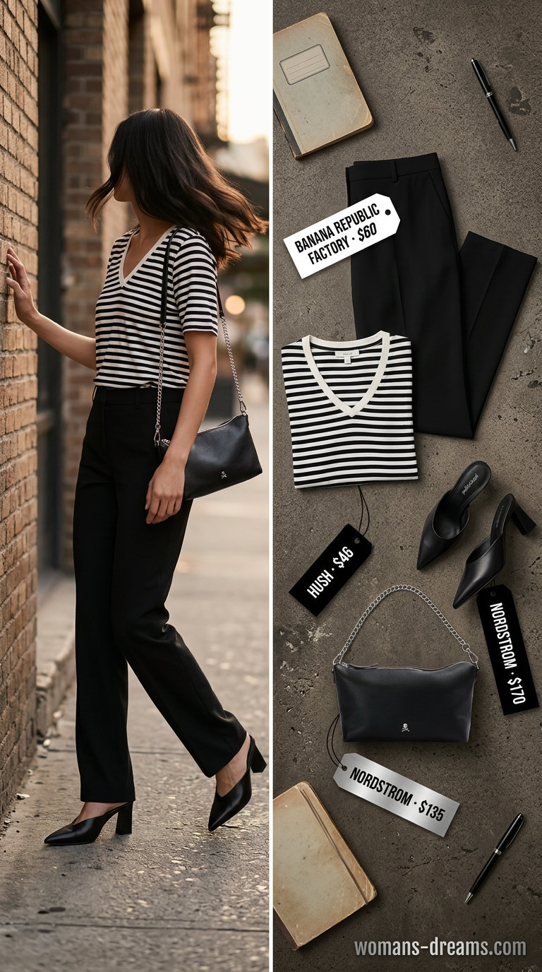 Elevated evening outfit: black & white striped t-shirt, black tailored trousers, pointed mules, and shoulder bag.