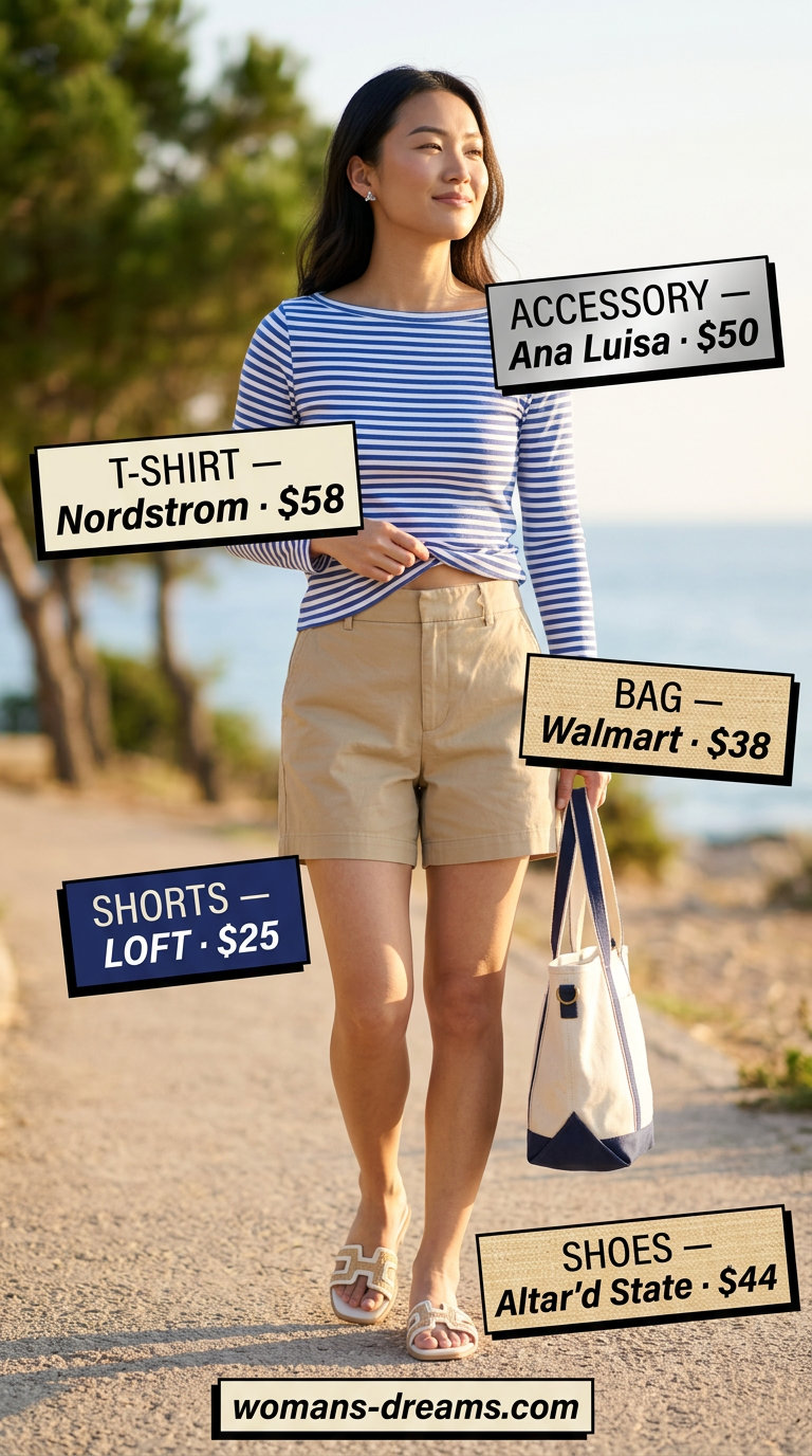 Nautical getaway outfit: sky blue & white striped t-shirt, khaki shorts, white espadrilles, and canvas tote.