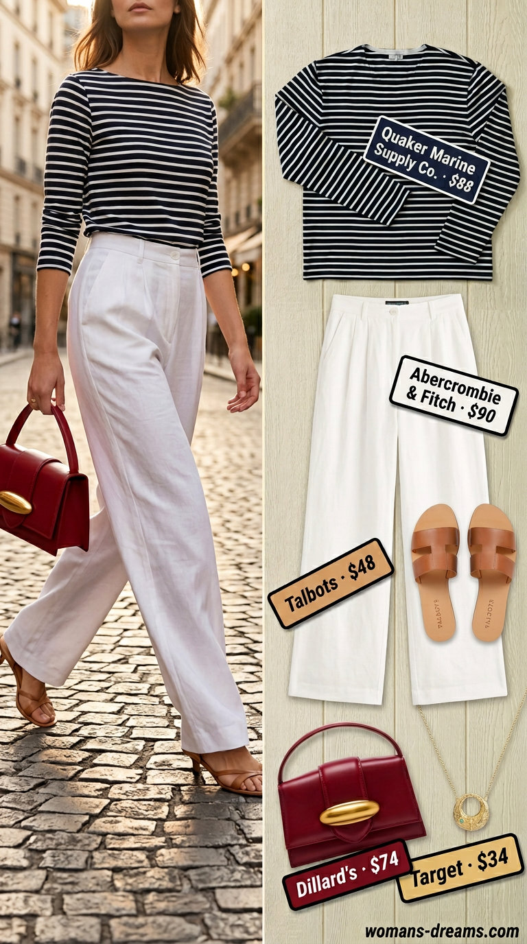 Chic Parisian brunch outfit: navy & white striped t-shirt, white wide-leg trousers, tan slides, and red bag.