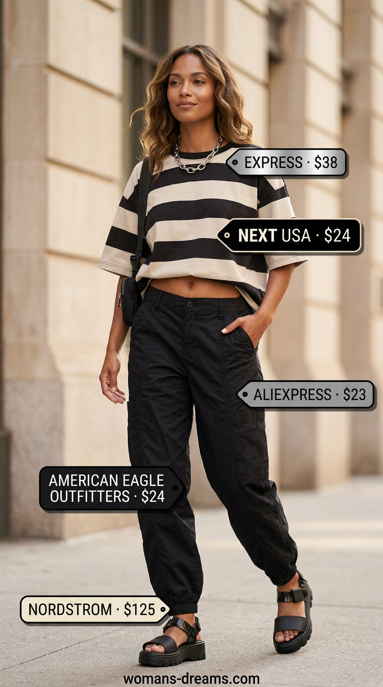 Urban edgy outfit: charcoal grey & white striped t-shirt, black cargo pants, platform sandals, and belt bag.