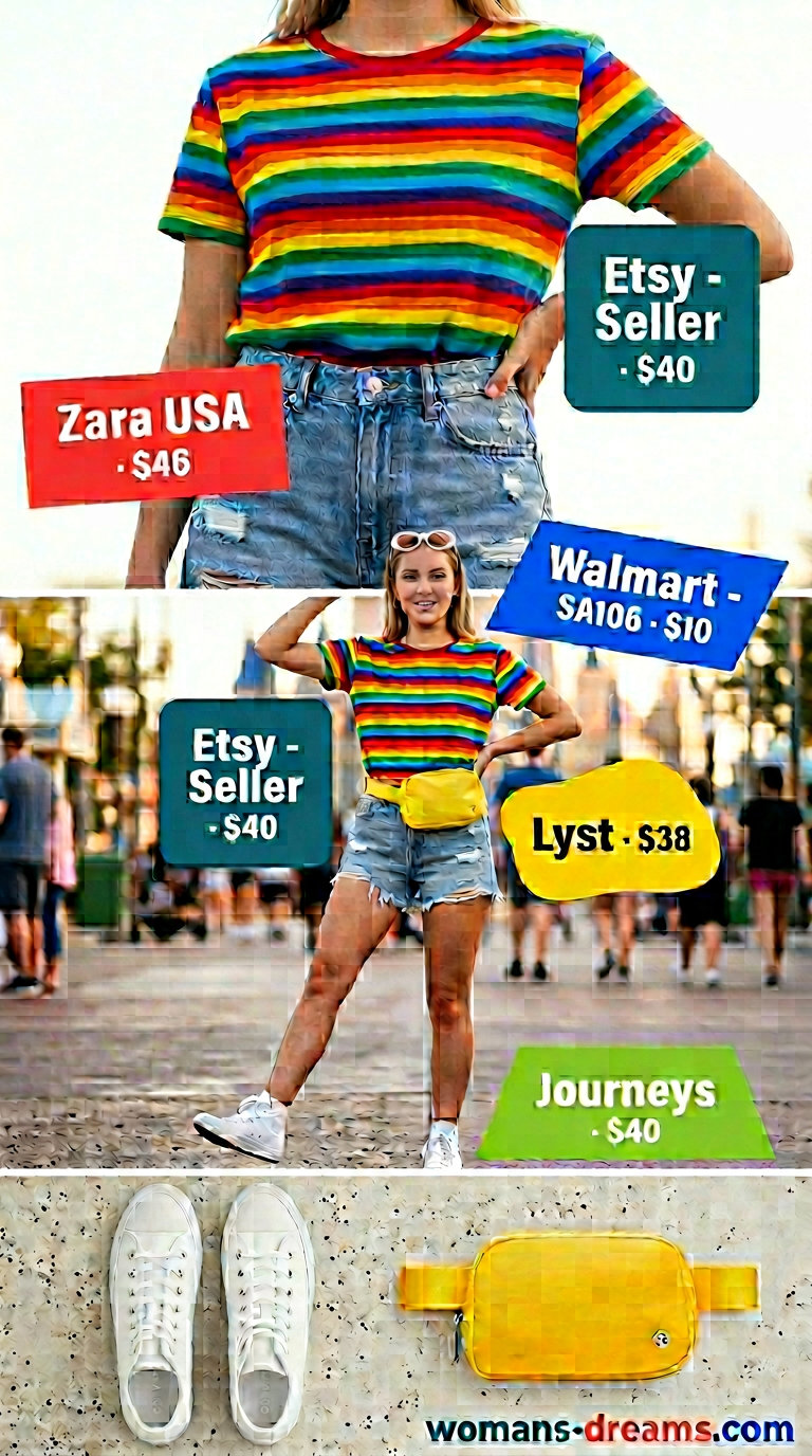 Vibrant festival outfit: rainbow striped t-shirt, denim shorts, white high-tops, and colorful sunglasses.