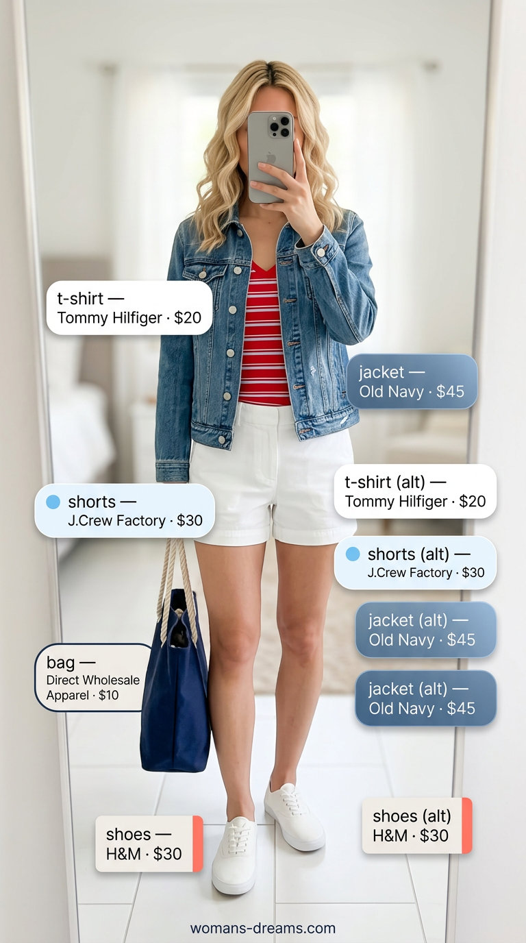 Striped summer t-shirt outfit for women 2026: Red & white striped V-neck tee, chino shorts, denim jacket, and canvas tote for a BBQ.