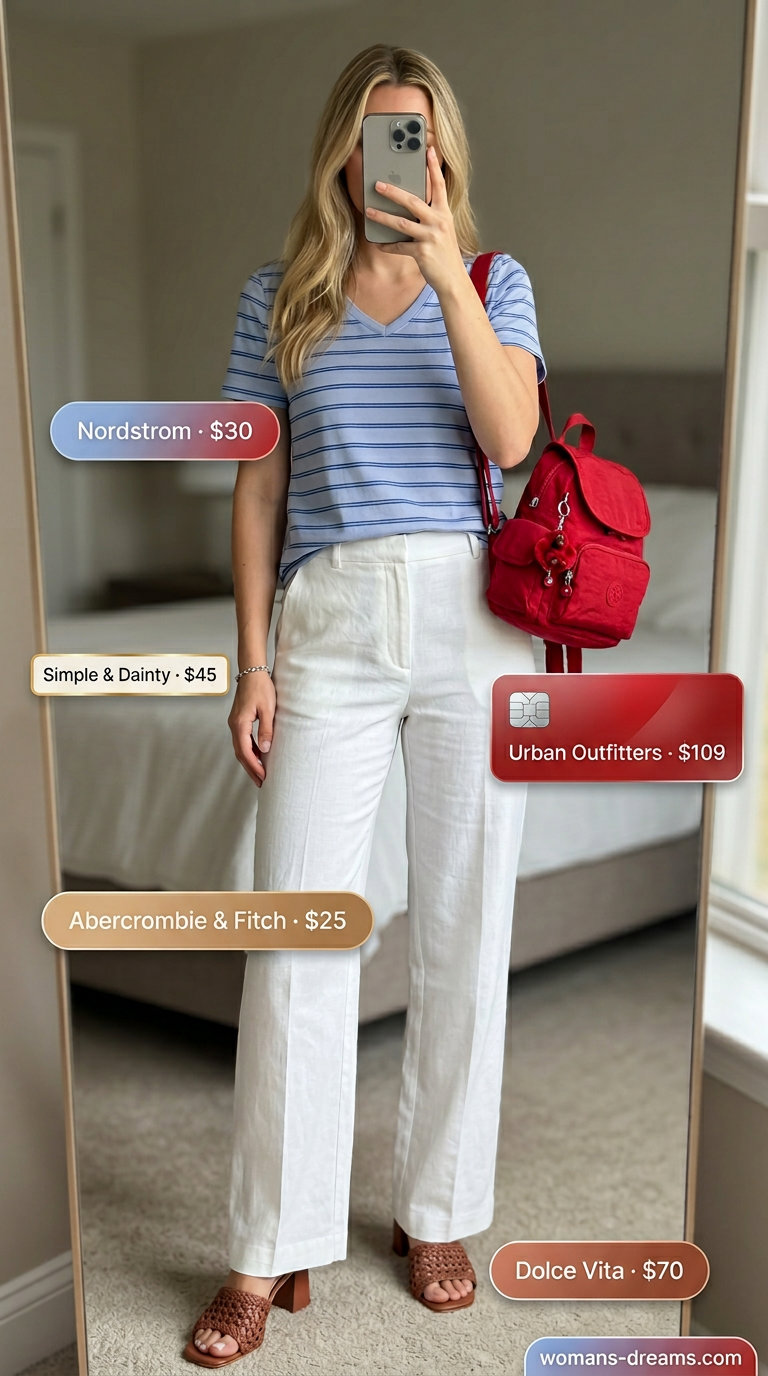 Striped summer t-shirt outfit for women 2026: Blue tee, denim skirt, linen pants, heeled mules for brunch.