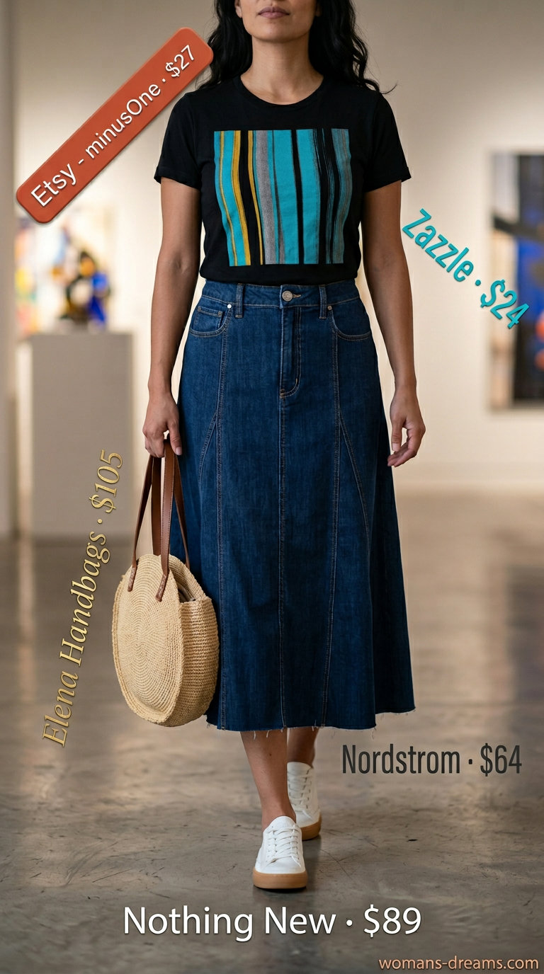 Striped summer t-shirt outfit for women 2026: Turquoise tee, coral earrings, dark denim midi skirt, raffia bag.