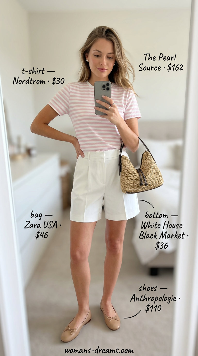 Striped summer t-shirt outfit for women 2026: Pink tee, white shorts, pearl earrings, straw bag for garden brunch.