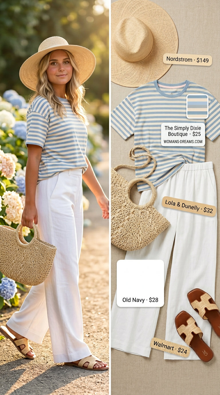 Striped summer t-shirt outfit for women 2026: Oversized wide-striped tee, linen pants, straw tote, and flat sandals for a lakeside getaway.