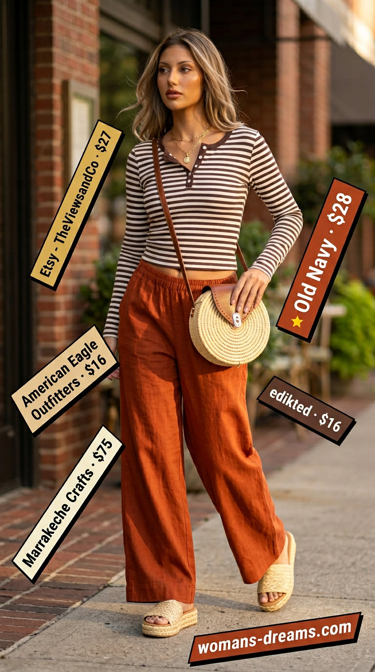 Striped summer t-shirt outfit for women 2026: Terracotta tee, linen pants, straw bag for market day.