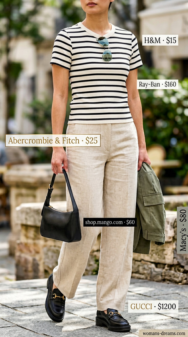 Striped summer t-shirt outfit for women 2026: Black tee, cream trousers, loafers for Parisian chic.