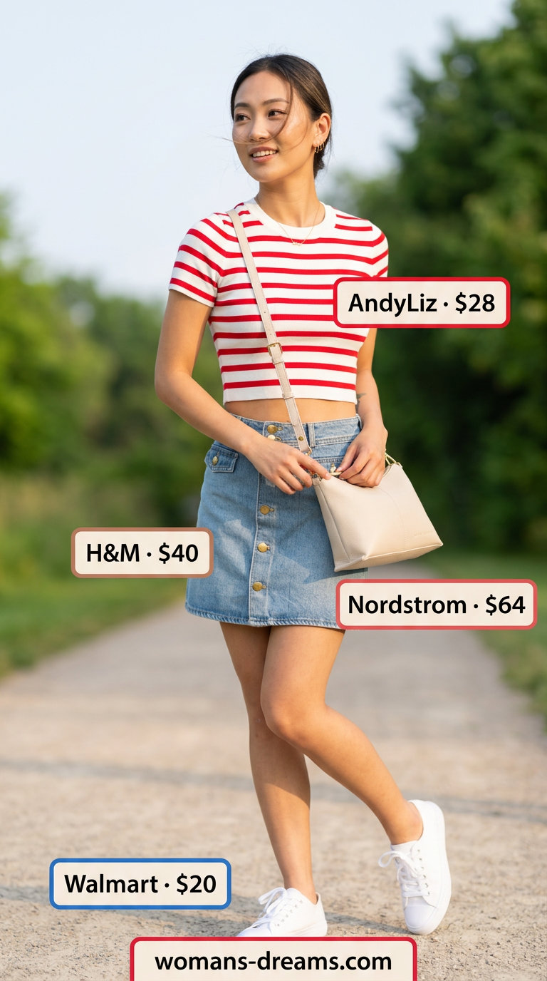 Striped summer t-shirt outfit for women 2026: Red & white striped tee, denim mini skirt, white crossbody bag, and sneakers for a retro diner date.