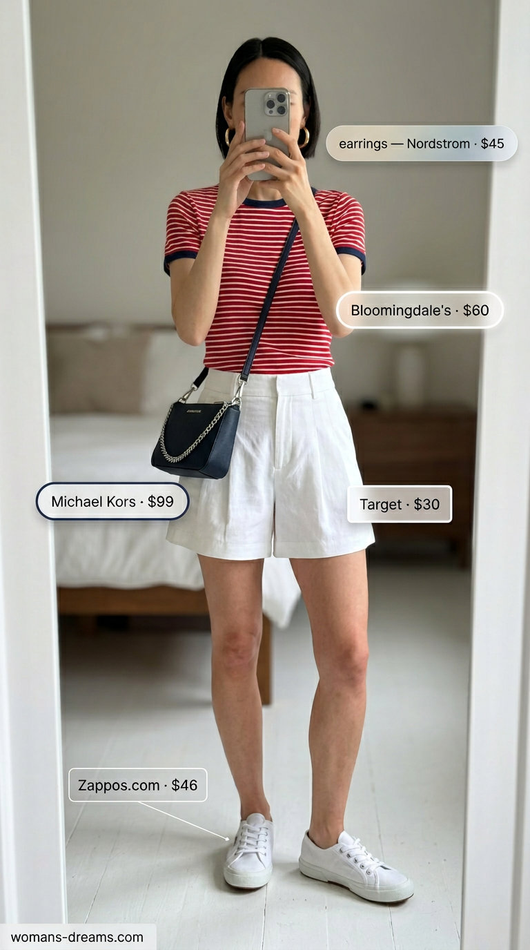 Striped summer t-shirt outfit for women 2026: Navy tee, white shorts, baseball cap for sporty fun.