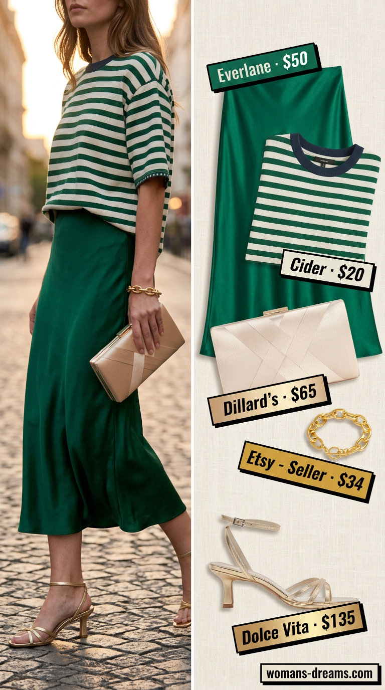 Striped summer t-shirt outfit for women 2026: Emerald tee, cream skirt, gold sandals for soiree.