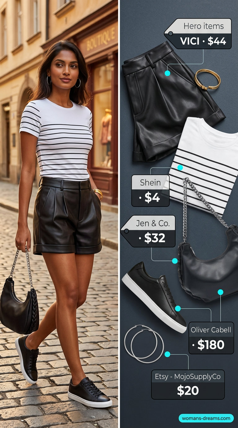 Striped summer t-shirt outfit for women 2026: Black & white striped tee with faux leather shorts, sneakers, and shoulder bag for urban edge.
