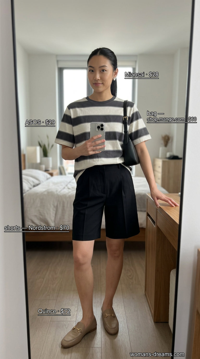 Striped summer t-shirt outfit for women 2026: Grey & white striped tee, Bermuda shorts, leather sandals, and shoulder bag for urban exploration.