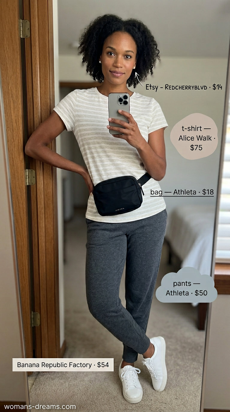 Striped summer t-shirt outfit for women 2026: Grey tee, joggers, belt bag for effortless weekend style.